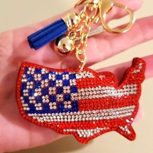 USA shaped American flag•rhinestones ball and tassel•goldtone•NWT